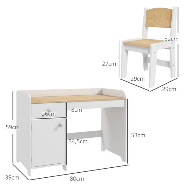 ZONEKIZ Scrivania per bambini con sedia, cassetto e vano, 80x39x59 cm, bianco | Aosom Italy