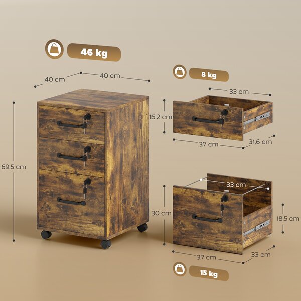 HOMCOM Cassettiera da ufficio mobile con 3 cassetti richiudibili, 40x40x69,5 cm, marrone | Aosom Italy