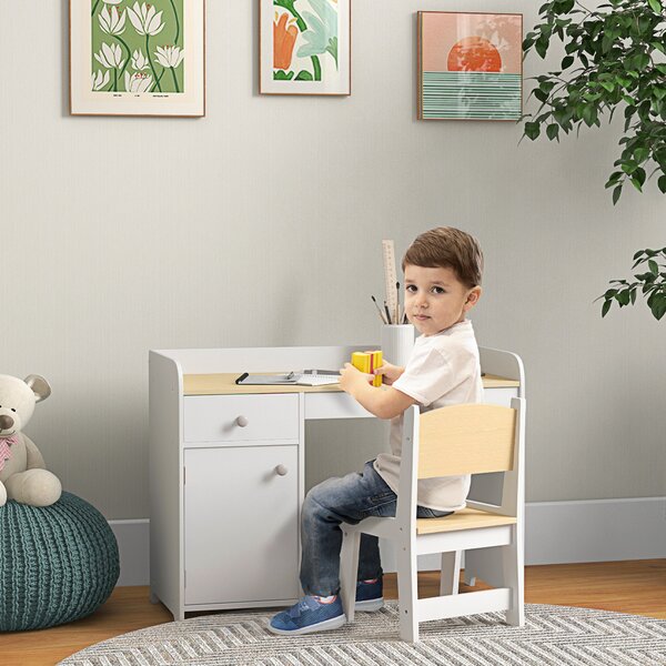 ZONEKIZ Scrivania per bambini con sedia, cassetto e vano, 80x39x59 cm, bianco | Aosom Italy