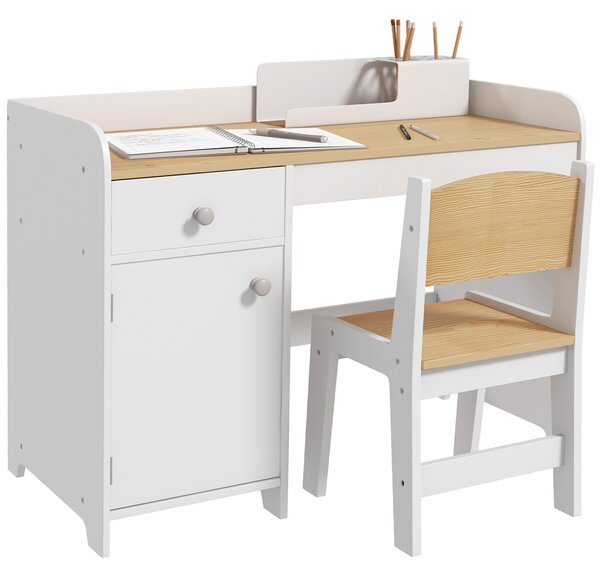ZONEKIZ Scrivania per bambini con sedia, cassetto e vano, 80x39x59 cm, bianco | Aosom Italy