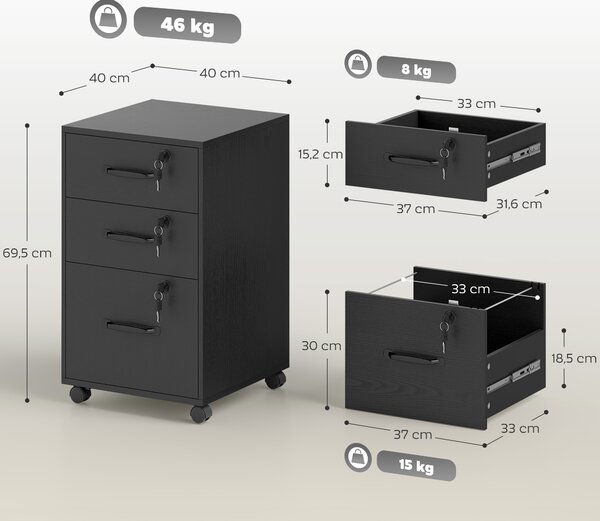 HOMCOM Cassettiera da ufficio mobile con 3 cassetti bloccabili, 40x40x69,5 cm, nero | Aosom Italy