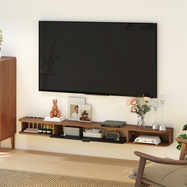 HOMCOM Mobile TV sospeso con cassetto ribaltabile e 2 ripiani, 180x24x16 cm, noce | Aosom Italy