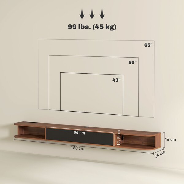 HOMCOM Mobile TV sospeso con cassetto ribaltabile e 2 ripiani, 180x24x16 cm, noce | Aosom Italy