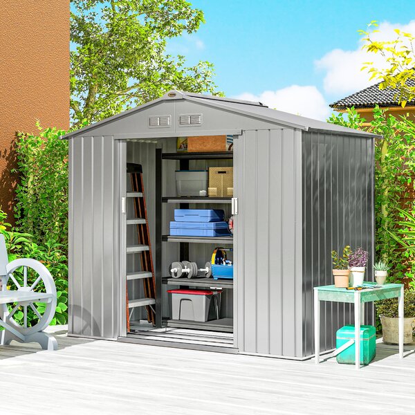 Outsunny Casetta da giardino 2,5 m² con kit fondazione e porta richiudibile, grigia | Aosom Italy