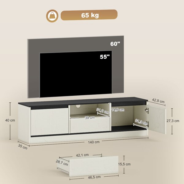 HOMCOM Mobile TV con 2 armadi, ripiano e cassetto, 140x35x40 cm, nero e bianco | Aosom Italy