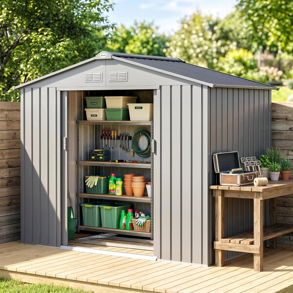 Outsunny Casetta da giardino 2,5 m² con kit fondazione e porta richiudibile, grigia | Aosom Italy