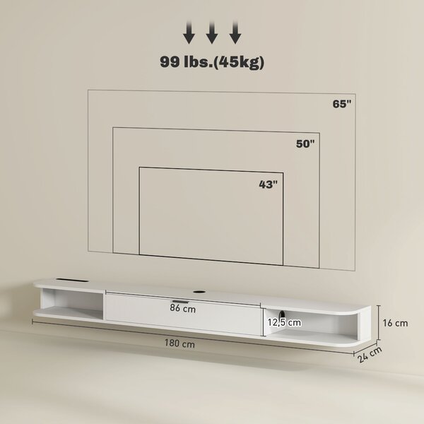 HOMCOM Mobile TV sospeso con cassetto ribaltabile e 2 ripiani, 180x24x16 cm, bianco | Aosom Italy