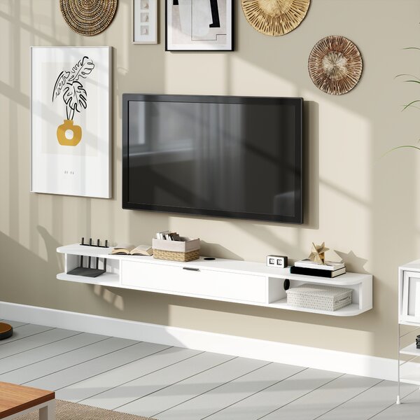 HOMCOM Mobile TV sospeso con cassetto ribaltabile e 2 ripiani, 180x24x16 cm, bianco | Aosom Italy
