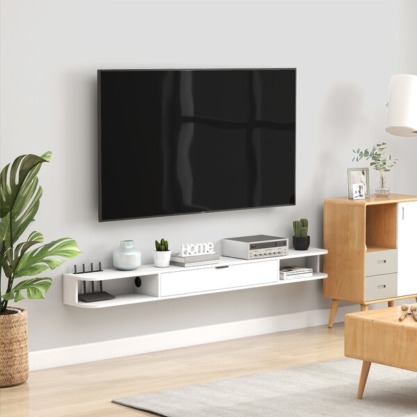 HOMCOM Mobile TV sospeso con cassetto ribaltabile e 2 ripiani, 180x24x16 cm, bianco | Aosom Italy