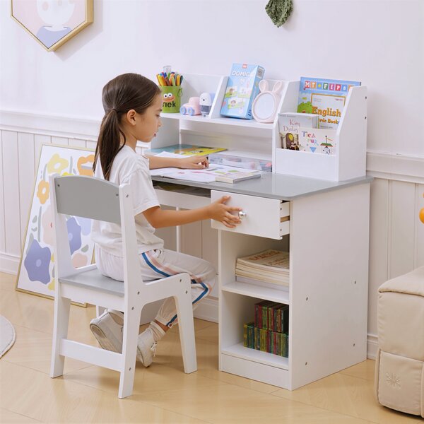 ZONEKIZ Scrivania per bambini con sedia ergonomica, cassetto e ripiani, 90x45x90 cm, grigio | Aosom Italy