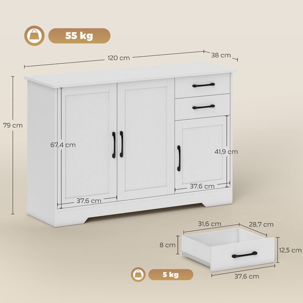 HOMCOM Credenza con 2 cassetti, 3 ante e ripiano regolabile, bianco | Aosom Italy