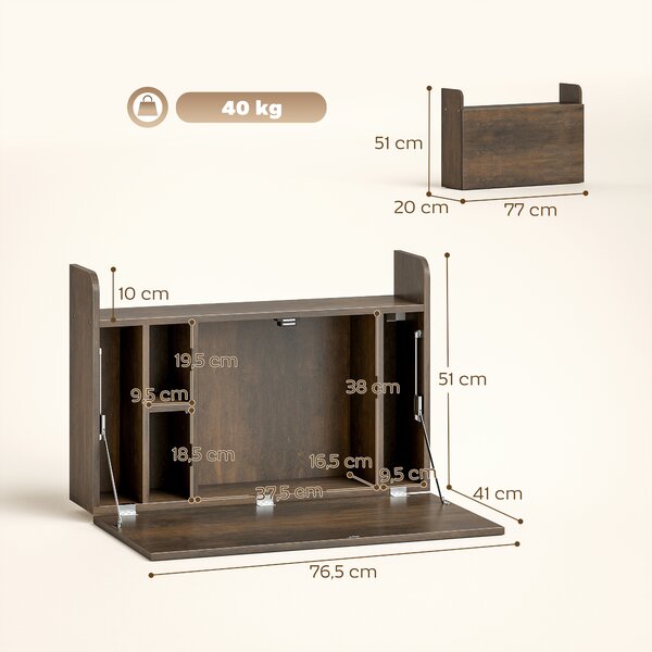 HOMCOM Scrivania sospesa da parete con piano ribaltabile e vani, 77x20x51 cm | Aosom Italy