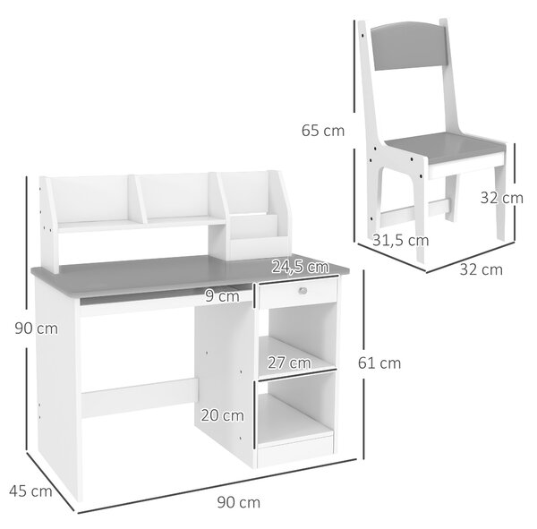 ZONEKIZ Scrivania per bambini con sedia ergonomica, cassetto e ripiani, 90x45x90 cm, grigio | Aosom Italy