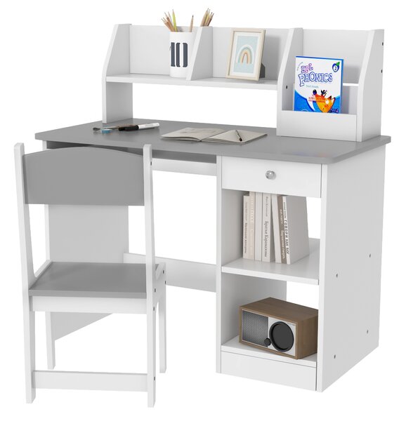 ZONEKIZ Scrivania per bambini con sedia ergonomica, cassetto e ripiani, 90x45x90 cm, grigio | Aosom Italy