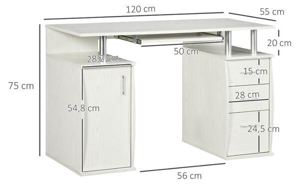 HOMCOM Scrivania per computer con piano tastiera e 3 cassetti, 120x55 cm, bianco | Aosom Italy