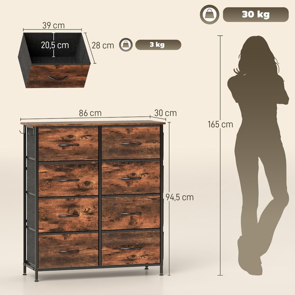 HOMCOM Cassettiera in tessuto con 8 cassetti, 4 tasche e 2 ganci, 86x30x94,5 cm, marrone | Aosom Italy