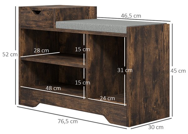 HOMCOM Panca portascarpe con 1 cassetto e 3 scomparti per 5 paia, 76,5x30x52 cm, marrone | Aosom Italy