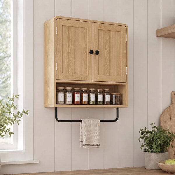 HOMCOM Armadio da parete per bagno con 2 ante, mensola aperta e porta asciugamani, rovere | Aosom Italy