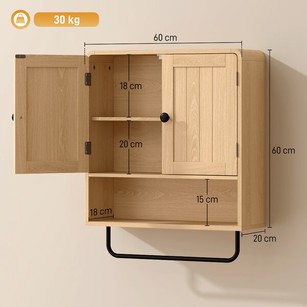 HOMCOM Armadio da parete per bagno con 2 ante, mensola aperta e porta asciugamani, rovere | Aosom Italy