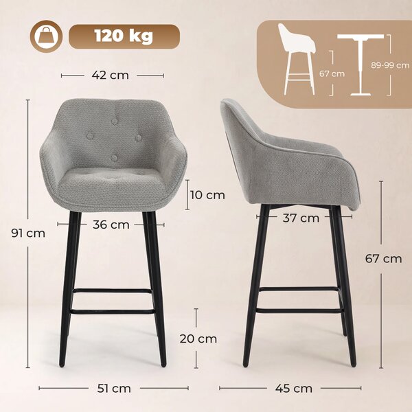 HOMCOM Set 2 sgabelli da bar in ciniglia con schienale e poggiapiedi, altezza 67 cm, grigio | Aosom Italy