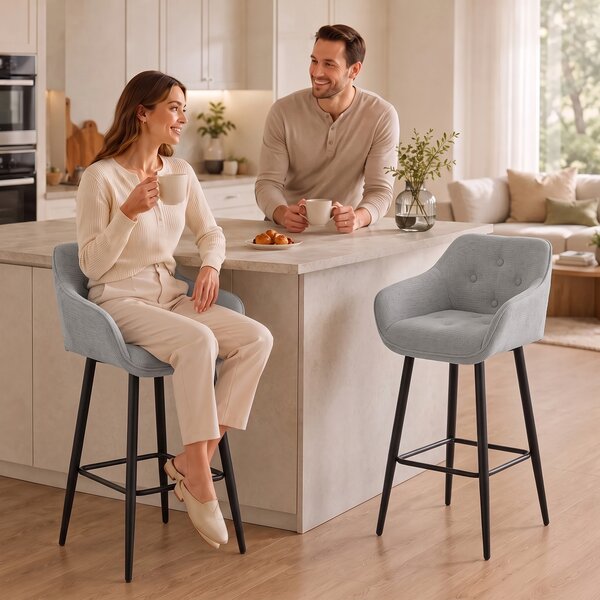HOMCOM Set 2 sgabelli da bar in ciniglia con schienale e poggiapiedi, altezza 67 cm, grigio | Aosom Italy