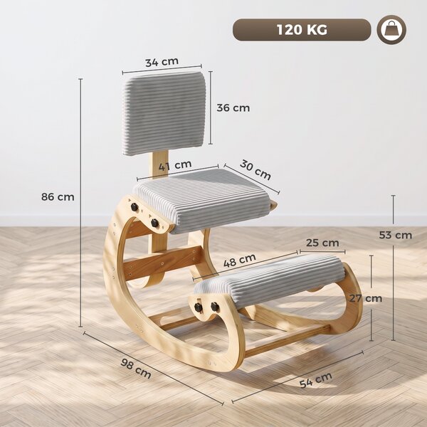 HOMCOM Sedia inginocchiata ergonomica basculante in velluto a coste con schienale, grigio chiaro | Aosom Italy