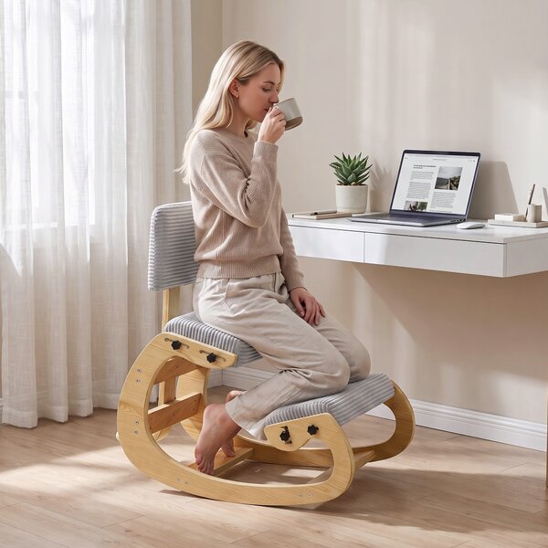 HOMCOM Sedia inginocchiata ergonomica basculante in velluto a coste con schienale, grigio chiaro | Aosom Italy