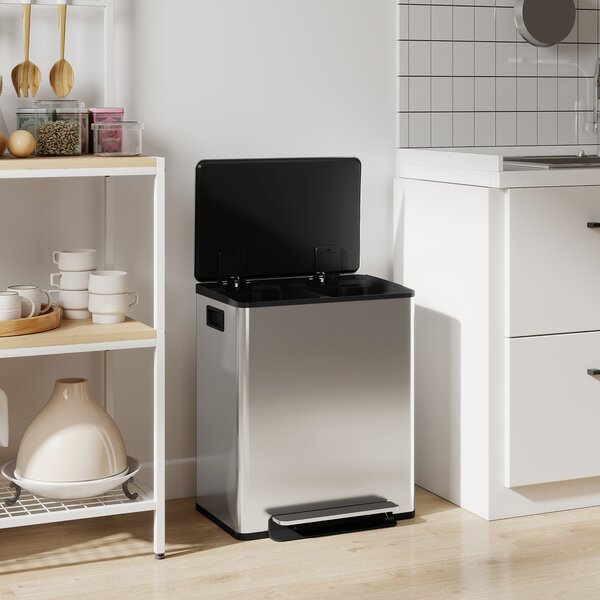 HOMCOM Pattumiera da cucina 2x25 L con 2 scomparti e chiusura soft-close, 47,7x37,5x56 cm, argento | Aosom Italy