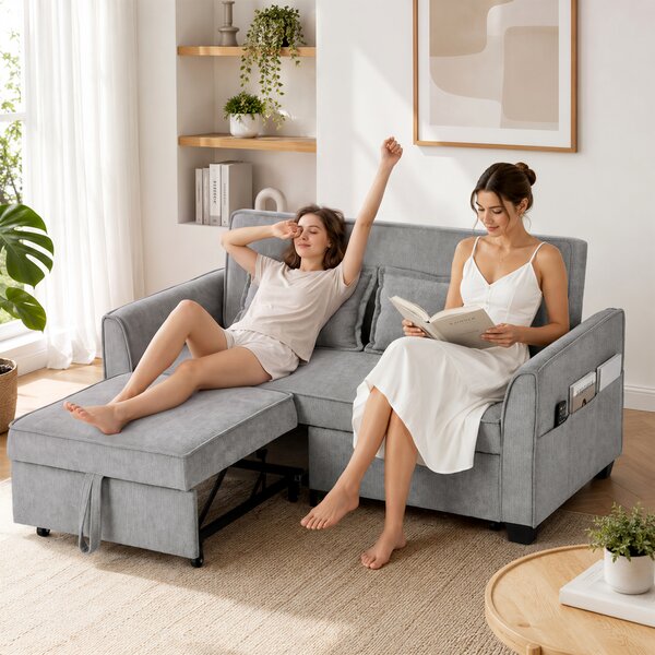 HOMCOM Divano letto 2 posti 4-in-1 a L con schienale regolabile e tasche laterali, grigio | Aosom Italy