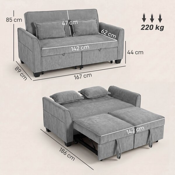 HOMCOM Divano letto 2 posti 4-in-1 a L con schienale regolabile e tasche laterali, grigio | Aosom Italy
