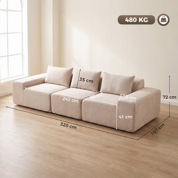 HOMCOM Divano modulare 3 posti in ciniglia 320 cm con seduta e braccioli extra larghi, beige | Aosom Italy