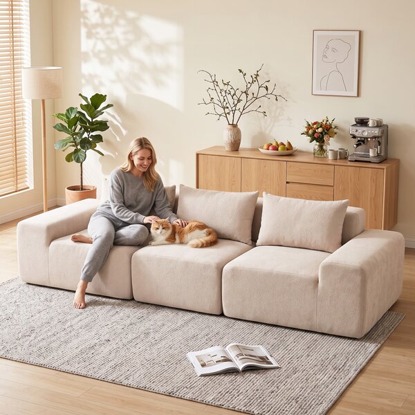 HOMCOM Divano modulare 3 posti in ciniglia 320 cm con seduta e braccioli extra larghi, beige | Aosom Italy