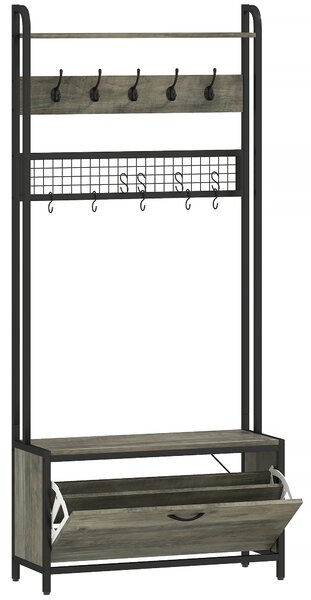 HOMCOM Appendiabiti portascarpe 5-in-1 con panca, armadietto, 10 ganci e mensola, grigio | Aosom Italy