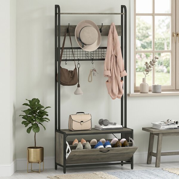 HOMCOM Appendiabiti portascarpe 5-in-1 con panca, armadietto, 10 ganci e mensola, grigio | Aosom Italy