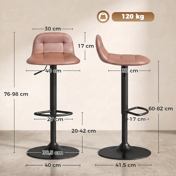 HOMCOM Set 2 sgabelli da bar girevoli 360° in PU, altezza regolabile 76-98 cm, marrone scuro | Aosom Italy