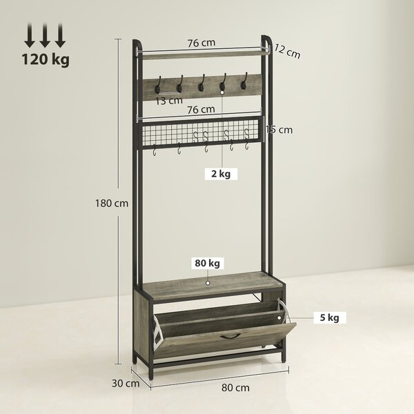 HOMCOM Appendiabiti portascarpe 5-in-1 con panca, armadietto, 10 ganci e mensola, grigio | Aosom Italy