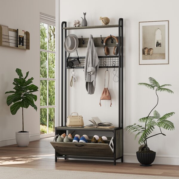 HOMCOM Appendiabiti portascarpe 5-in-1 con panca, armadietto, 10 ganci e mensola, grigio | Aosom Italy