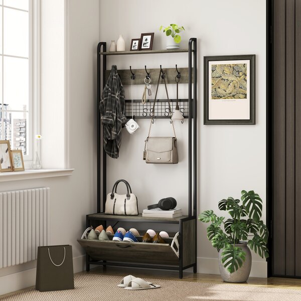 HOMCOM Appendiabiti portascarpe 5-in-1 con panca, armadietto, 10 ganci e mensola, grigio | Aosom Italy