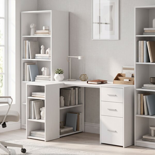 HOMCOM Scrivania angolare a L con 3 cassetti, 5 scomparti e ripiani regolabili, 140x100x75 cm, bianco | Aosom Italy