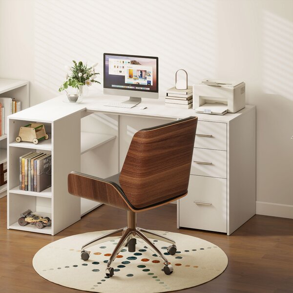 HOMCOM Scrivania angolare a L con 3 cassetti, 5 scomparti e ripiani regolabili, 140x100x75 cm, bianco | Aosom Italy