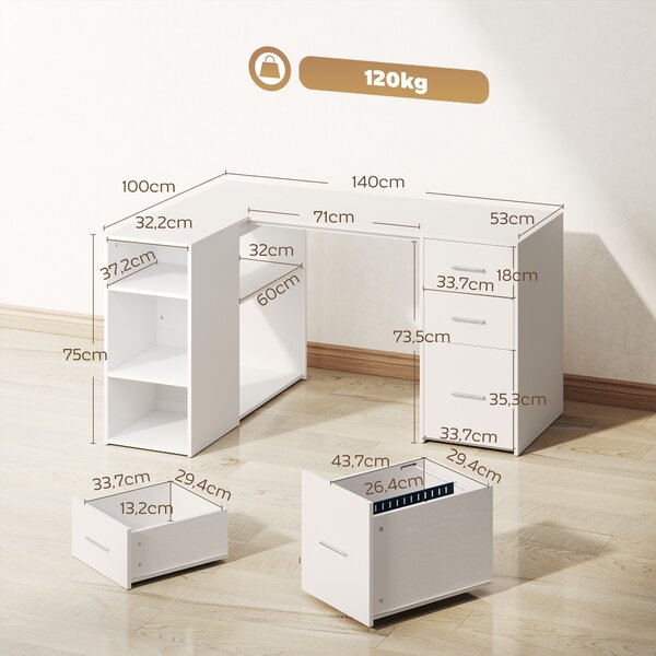 HOMCOM Scrivania angolare a L con 3 cassetti, 5 scomparti e ripiani regolabili, 140x100x75 cm, bianco | Aosom Italy