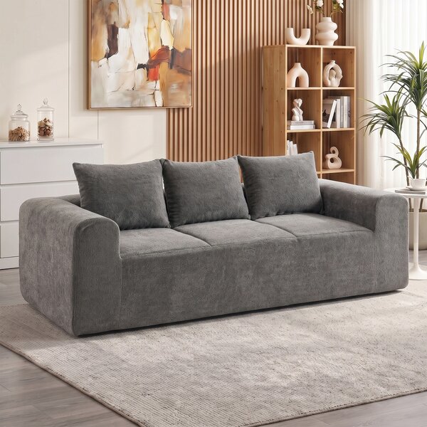 HOMCOM Divano 3 posti in ciniglia 220 cm con seduta e braccioli larghi e 3 cuscini, grigio | Aosom Italy