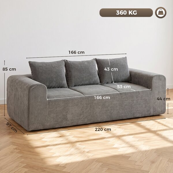 HOMCOM Divano 3 posti in ciniglia 220 cm con seduta e braccioli larghi e 3 cuscini, grigio | Aosom Italy