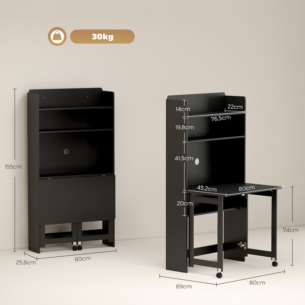HOMCOM Scrivania per computer con ripiani, piano ribaltabile e 2 ruote, 80x69x155 cm, nero | Aosom Italy