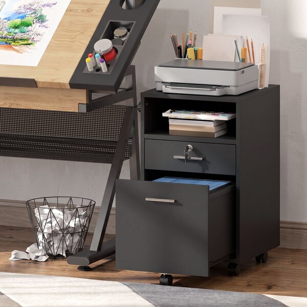 Vinsetto Cassettiera da ufficio con 2 cassetti, 1 bloccabile e 5 ruote, 40x40x65 cm, nero | Aosom Italy