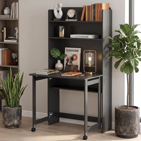 HOMCOM Scrivania per computer con ripiani, piano ribaltabile e 2 ruote, 80x69x155 cm, nero | Aosom Italy