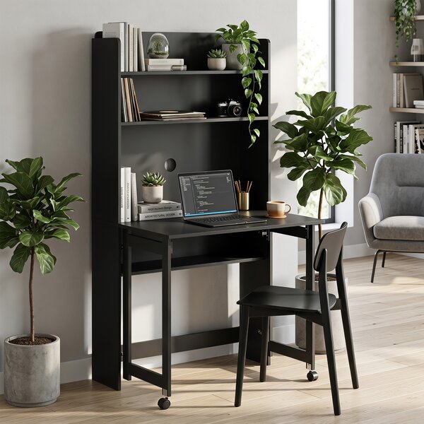 HOMCOM Scrivania per computer con ripiani, piano ribaltabile e 2 ruote, 80x69x155 cm, nero | Aosom Italy