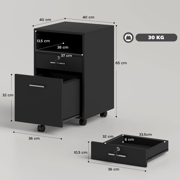 Vinsetto Cassettiera da ufficio con 2 cassetti, 1 bloccabile e 5 ruote, 40x40x65 cm, nero | Aosom Italy