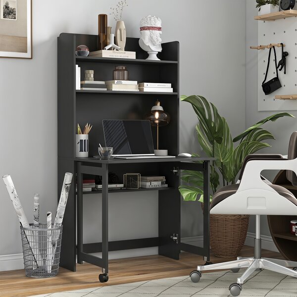 HOMCOM Scrivania per computer con ripiani, piano ribaltabile e 2 ruote, 80x69x155 cm, nero | Aosom Italy