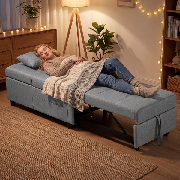 HOMCOM Poltrona letto pieghevole 3-in-1 con schienale regolabile, cuscino, tasca e ruote, grigio chiaro | Aosom Italy
